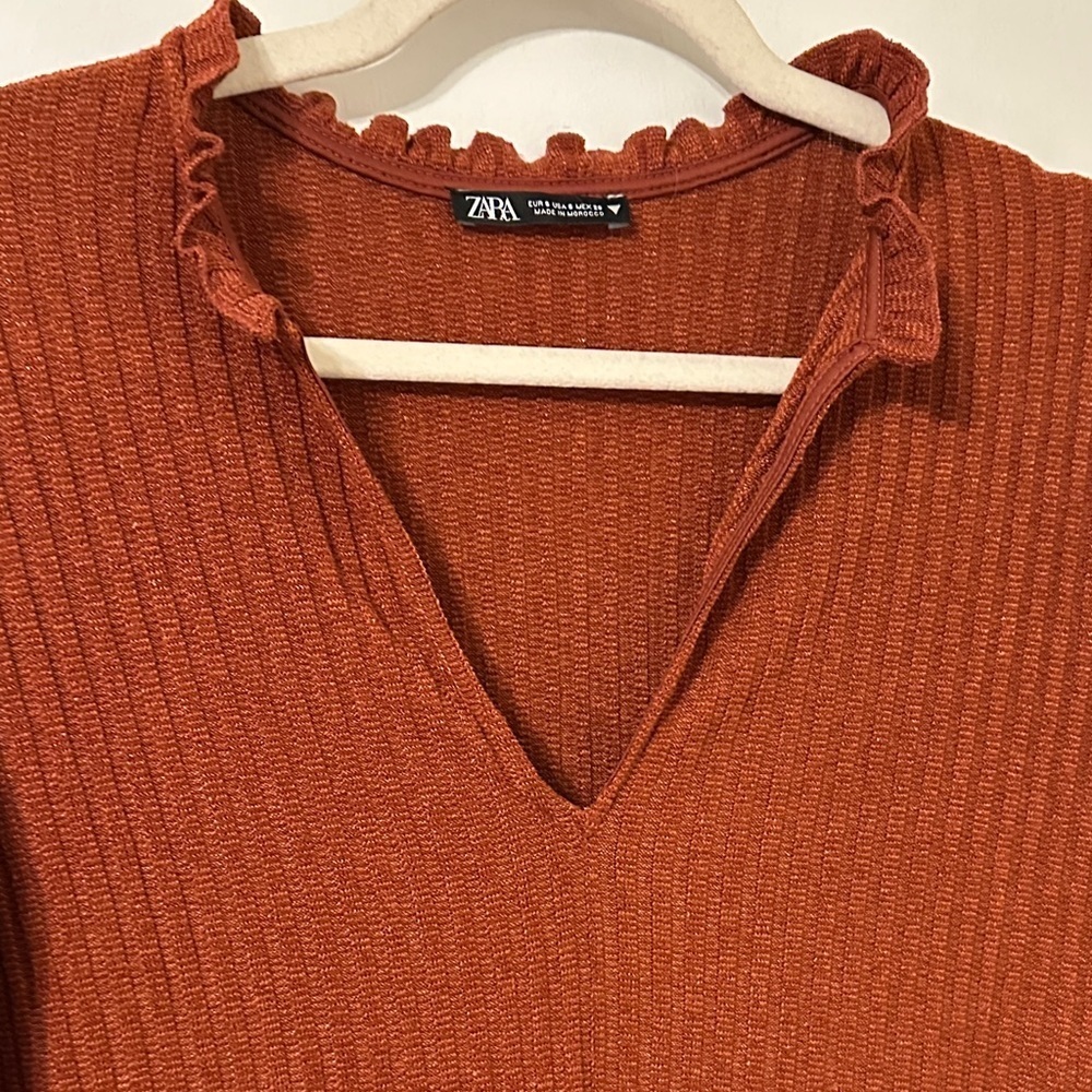 Zara Women's Long Sleeve Ribbed Rust Dress - Picture 3 of 5